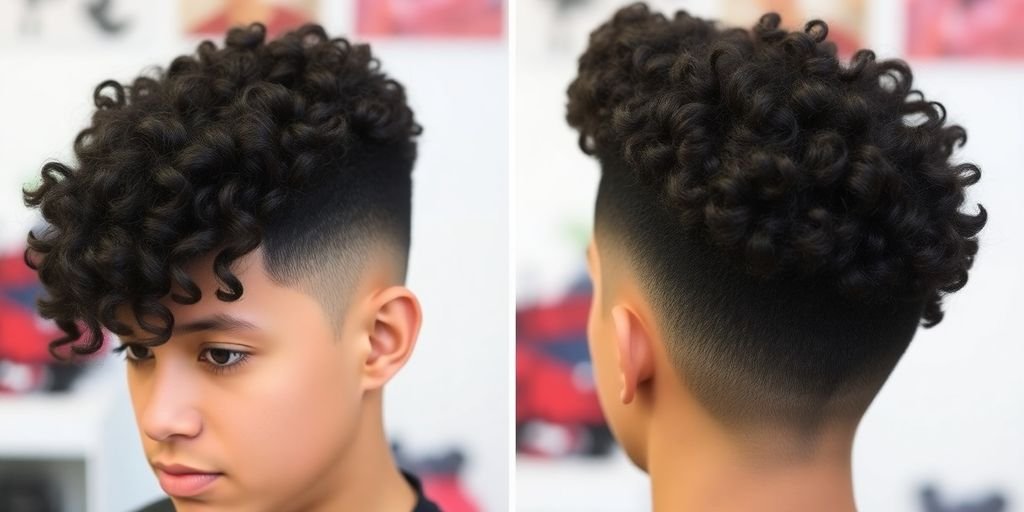Mixed curly hair fade with defined curls and clean sides.