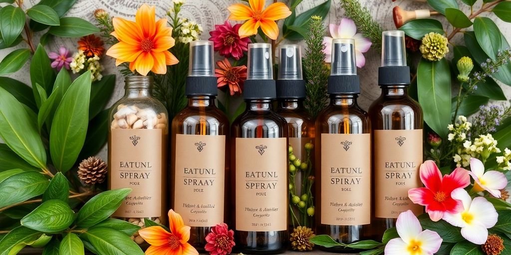 Natural and organic setting sprays with botanical elements.