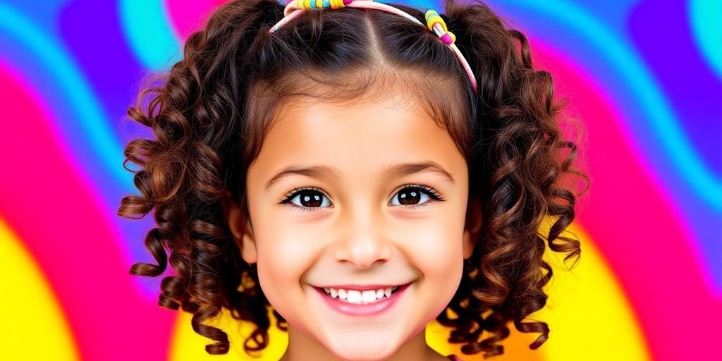 Girl with curly hair in a colorful half-up hairstyle.