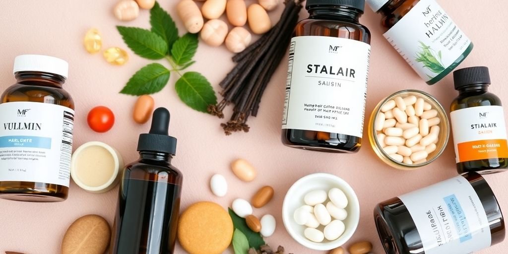 Hair care supplements on a neutral background.