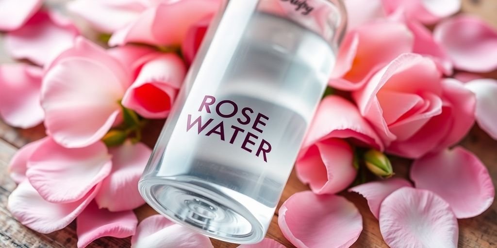 Bottle of rose water and fresh rose petals on wood.