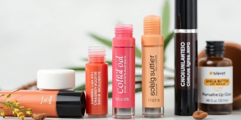 Natural lip gloss products in earthy tones on display.