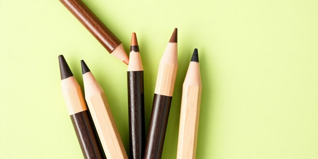 Organic eyebrow pencils on a green background.