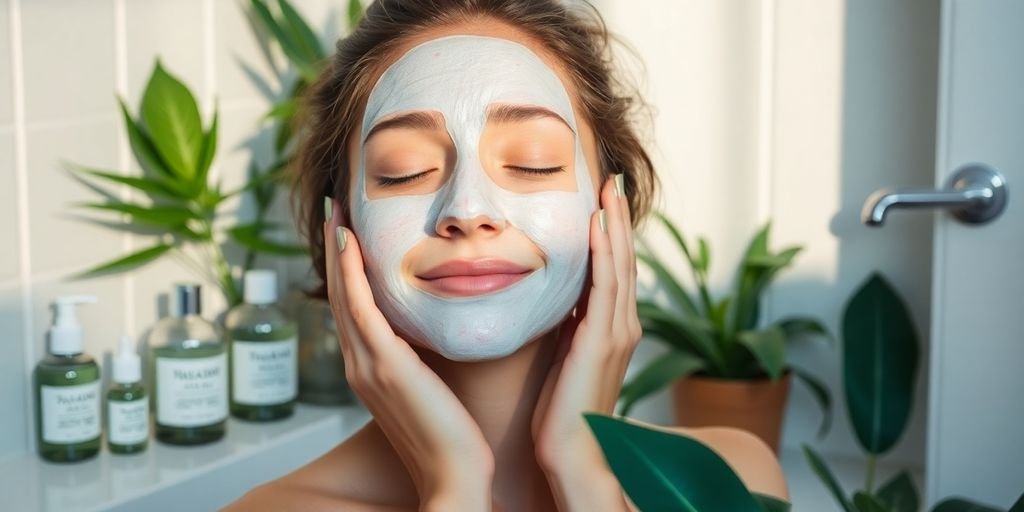 Person applying a facial mask in a bright bathroom for seasonal skin detox