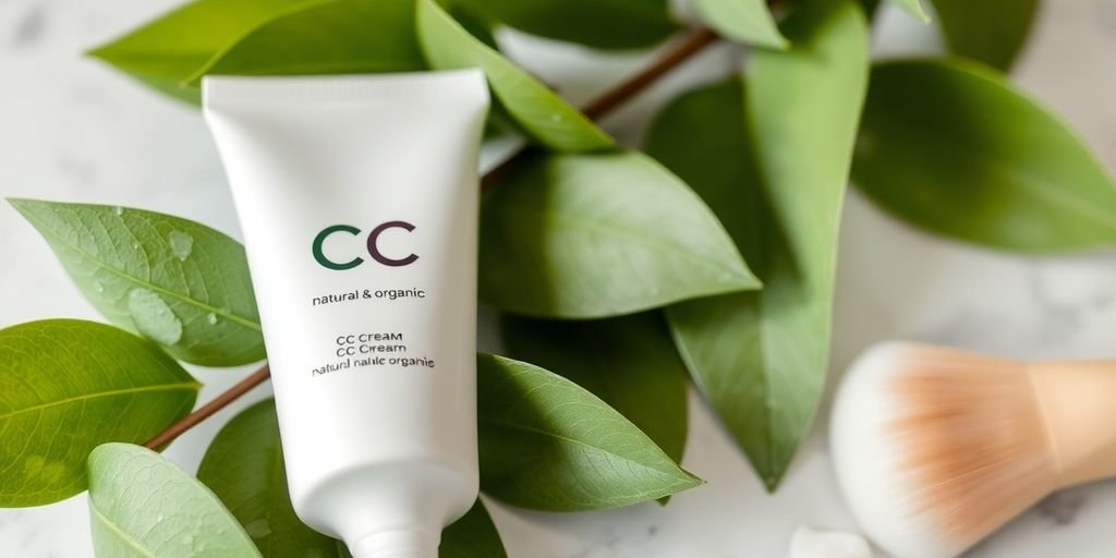 Natural CC cream tube with green leaves and brush.