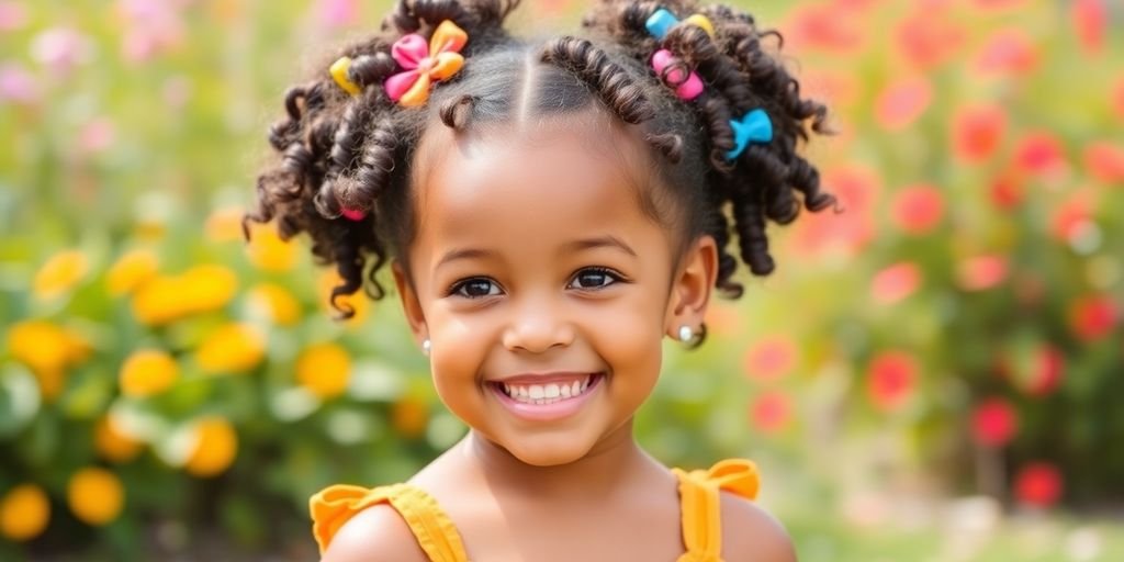 Little girl with curly hairstyle and colorful accessories outdoors.
