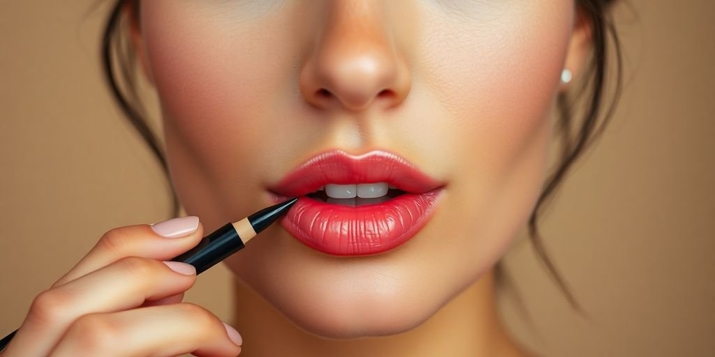 Woman applying organic lip liner on her lips.