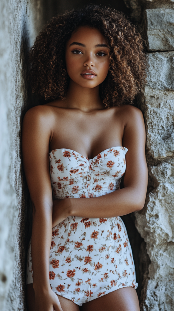 A beautiful light skin women standing next to a stone wall, looking at the camera over the shoulder, with soft smiles, she has 2c Hair soft locks, color eyes, full length wearing a dress