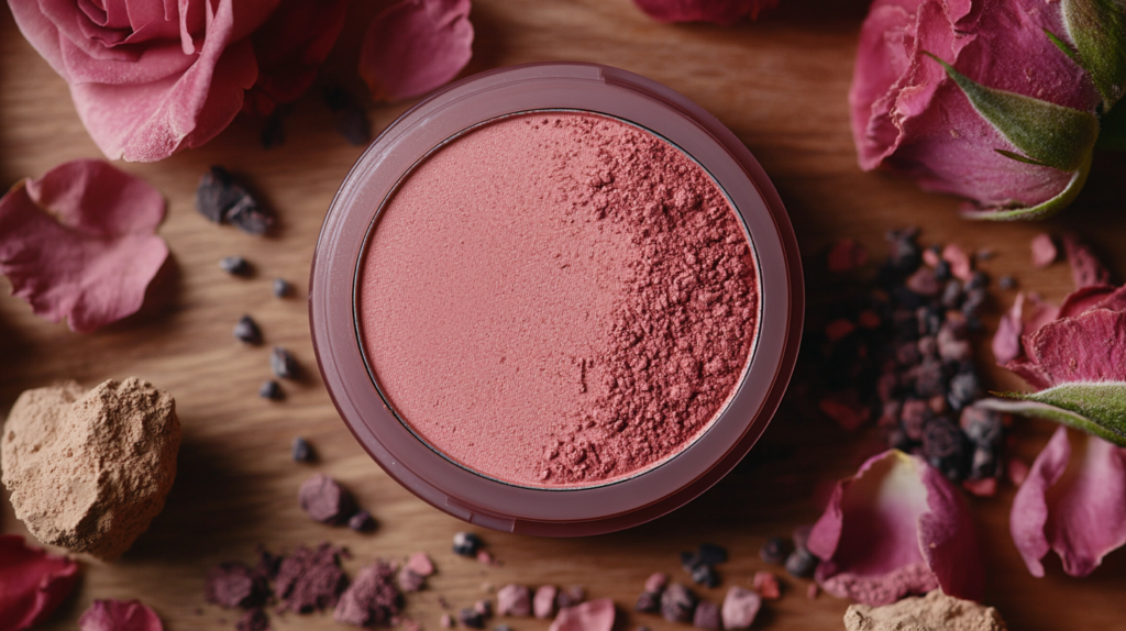 A close-up of a natural blush compact with soft pink tones, surrounded by organic ingredients like rose petals and clay, emphasizing non-toxic and clean beauty.