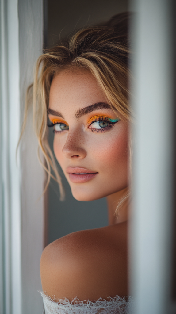 Close-up of flawless eye makeup with vibrant eyeshadows.