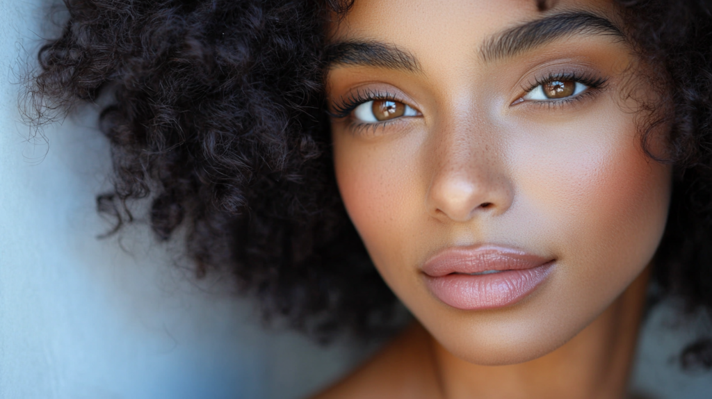 A woman with radiant, natural-looking makeup wearing a soft pink, non-toxic blush, highlighting her healthy, glowing skin.