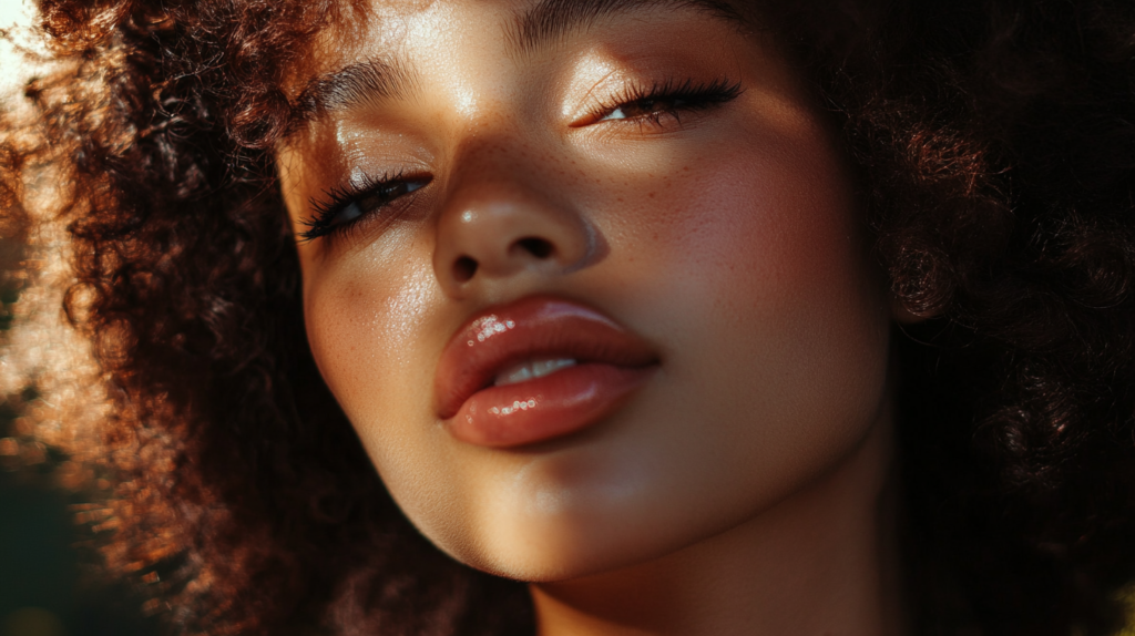 A woman with radiant, natural-looking makeup wearing a soft pink, non-toxic blush, highlighting her healthy, glowing skin.