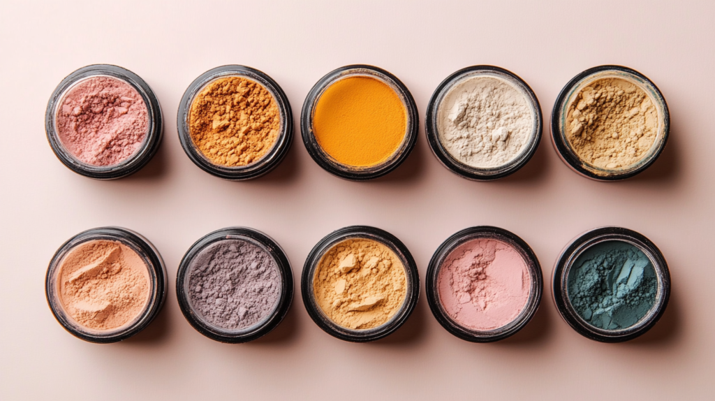 Close-up of non-toxic setting powders in elegant containers.