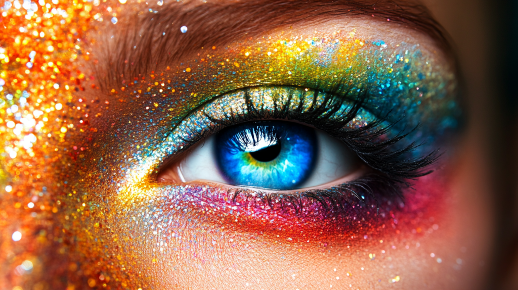 High-end fashion makeup close up of a beautiful woman with color eyes. The makeup is very colorful. She using organic highlighters.