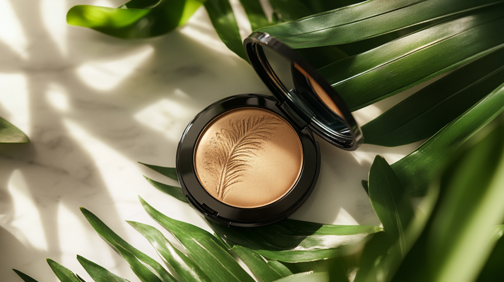 Natural bronzer products with greenery and soft lighting.