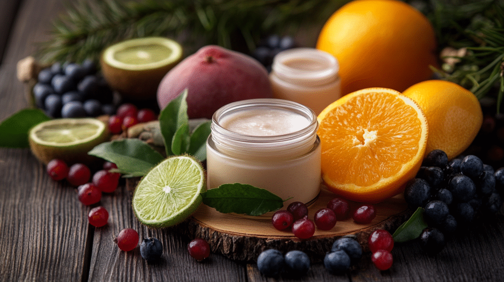 Natural skincare products with fruits and plants on wood.