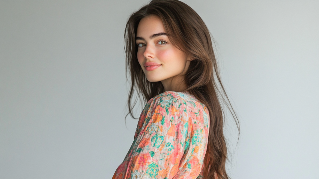 soft white back ground, photo shoot of model with colorful cotton dress that is  Fair Trade Clothing, full body shot, long hair, soft smile, model looking back at camera