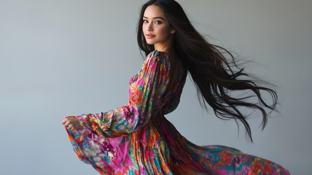 soft white back ground, photo shoot of model with colorful cotton dress that is  Fair Trade Clothing, full body shot, long hair, soft smile, model looking back at camera