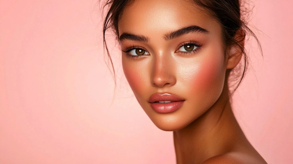 woman-wearing-organic cc Cream for a sculpted and natural look, soft pink background.