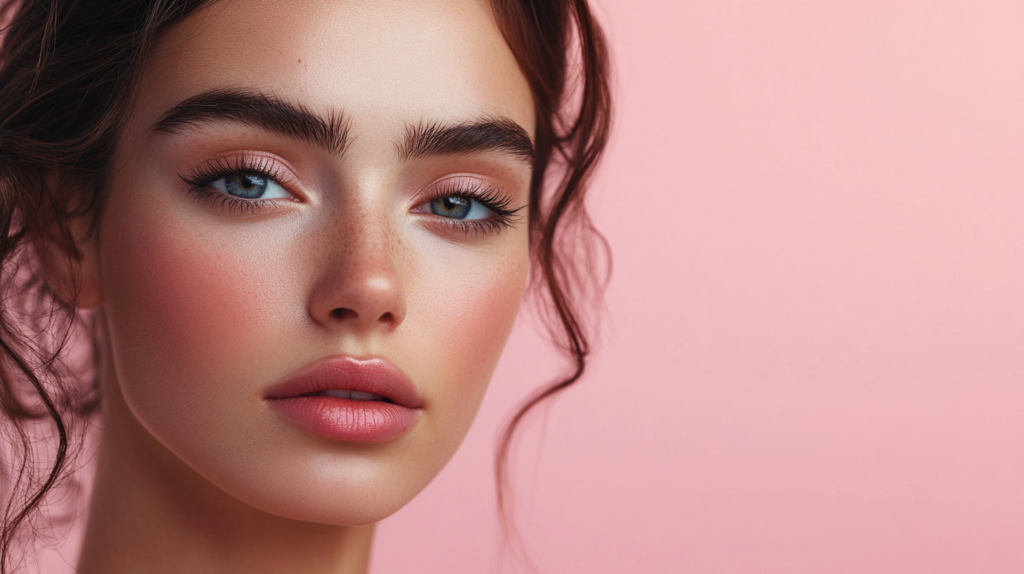 woman-wearing-organic cc Cream for a sculpted and natural look, soft pink background.