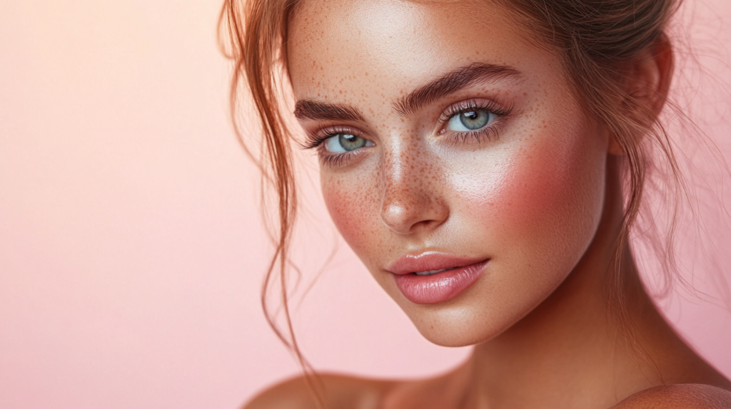 woman-wearing-organic cc Cream for a sculpted and natural look, soft pink background.