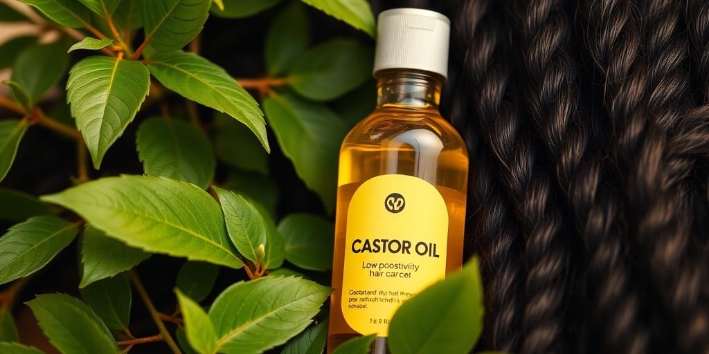 Bottle of castor oil with green leaves and hair.