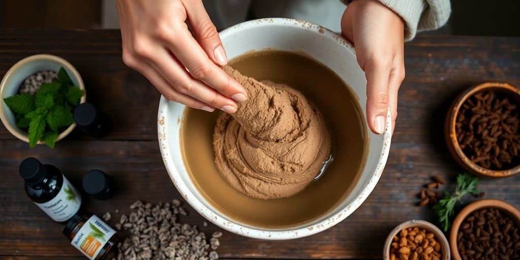 Person mixing rhassoul clay for hair wash preparation.