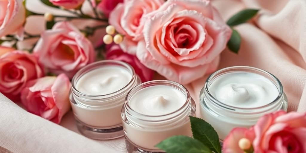 Luxurious hand creams with flowers and soft fabric.