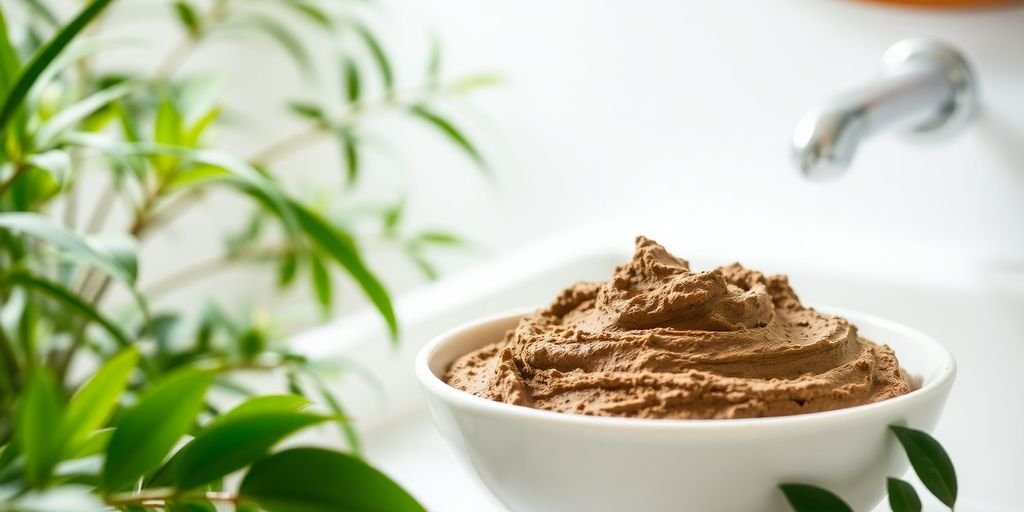 Bowl of rhassoul clay in a serene bathroom setting.