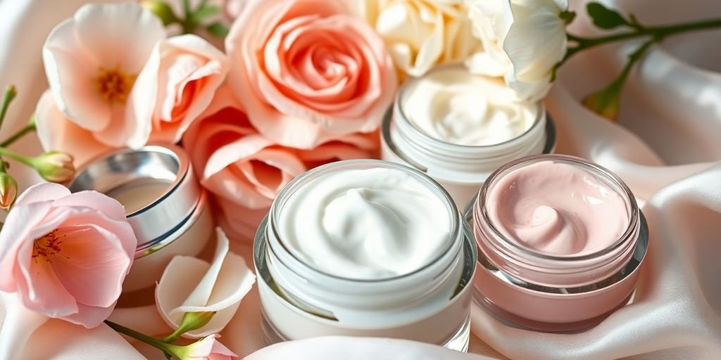 Luxurious hand creams in elegant jars with flowers.