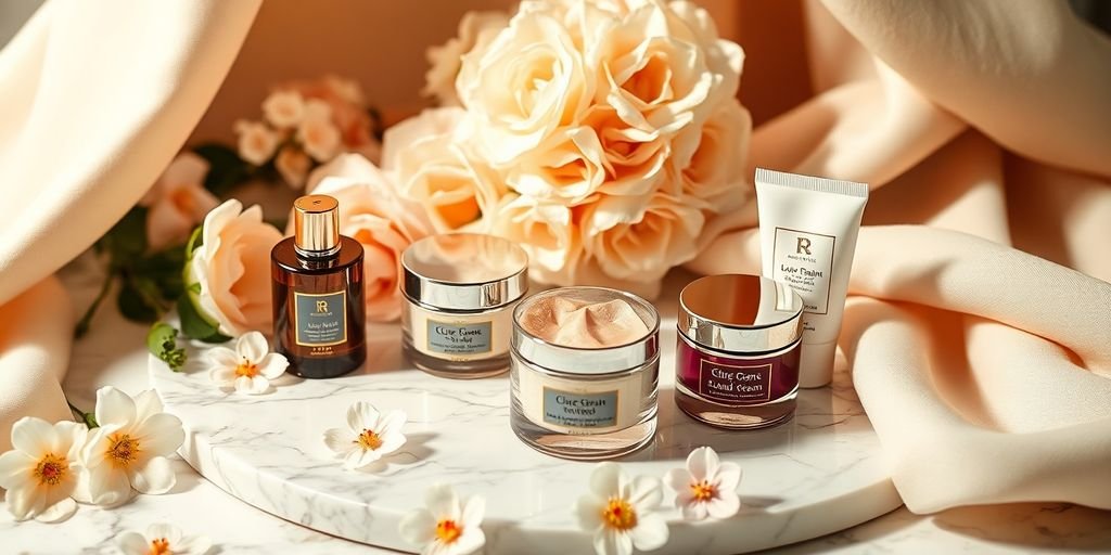 Luxurious hand creams on a marble surface with flowers.