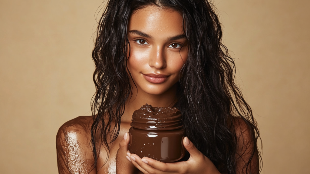 a medium shot of a beautiful model cover from head to shoulders in rhassoul clay, long wavy hair, tanned skin and wearing a dress.