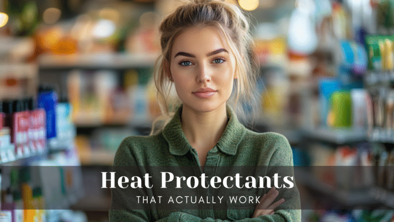 A beautiful woman standing in front of Colorful drugstore looking at heat protectants