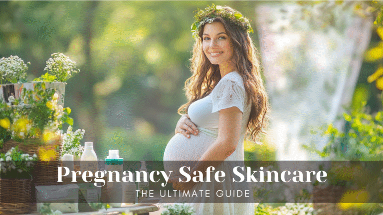 A beautiful Pregnant woman looking at skin products in a store.
