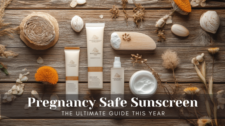 theme is beach: Flat lay of pregnancy-safe sunscreens on wooden background.