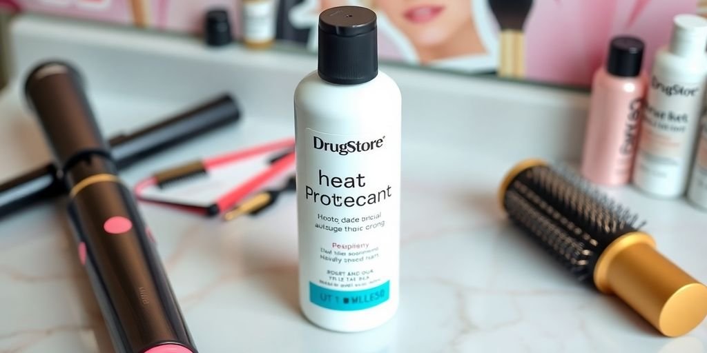 Bottle of heat protectant among hair styling tools.