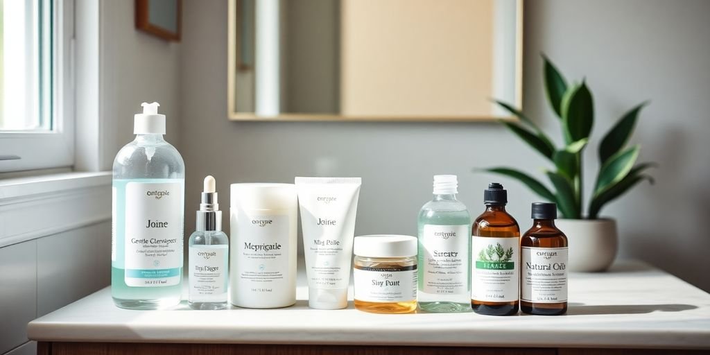 Pregnancy-safe skincare products on a bathroom countertop.