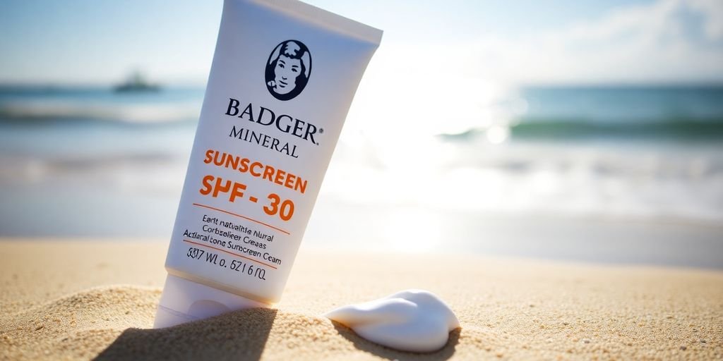 Badger Active Mineral Sunscreen Cream on a sandy beach.