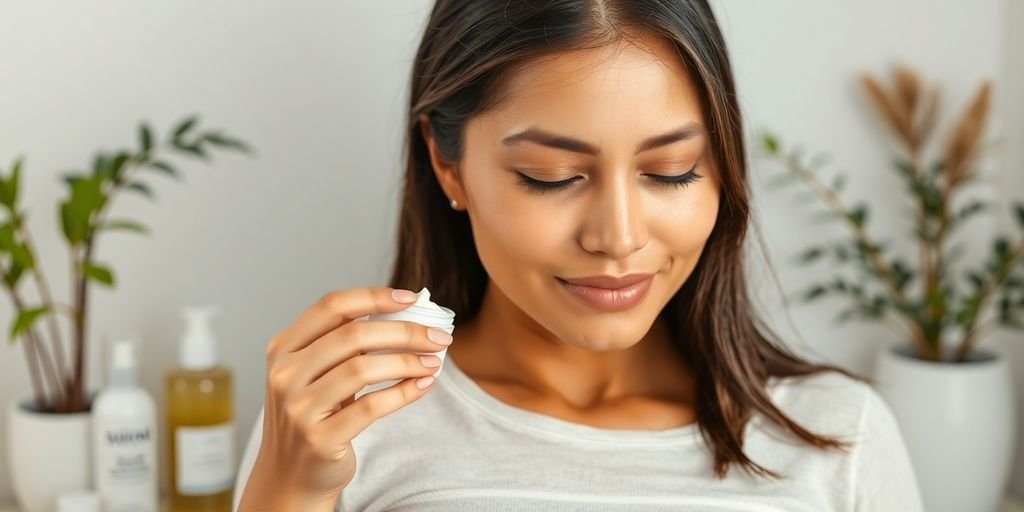 Pregnant woman applying moisturizer for glowing skin.