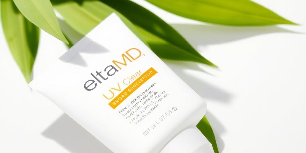 EltaMD UV Clear sunscreen bottle surrounded by green leaves.