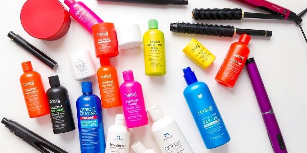Colorful drugstore heat protectants with styling tools on white.