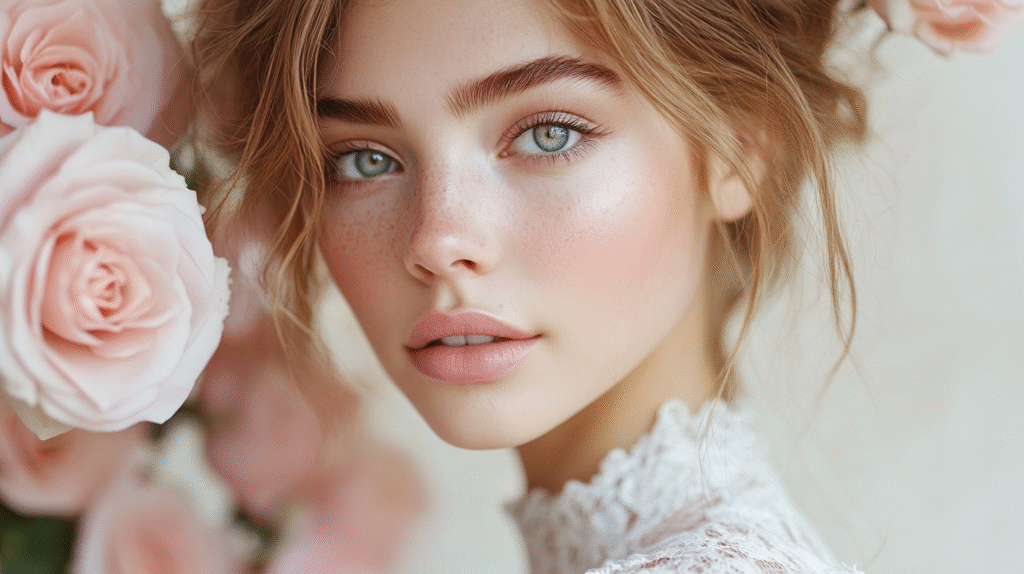 A beautiful model with color eyes looking into the camera with a solemn soft smile, White dress, pink roses in the background, flawless skin shot with arri alexa mini lf