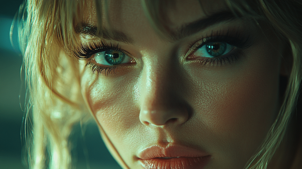 A beautiful mixed woman with lashes extensions and color eyes looking into the camera