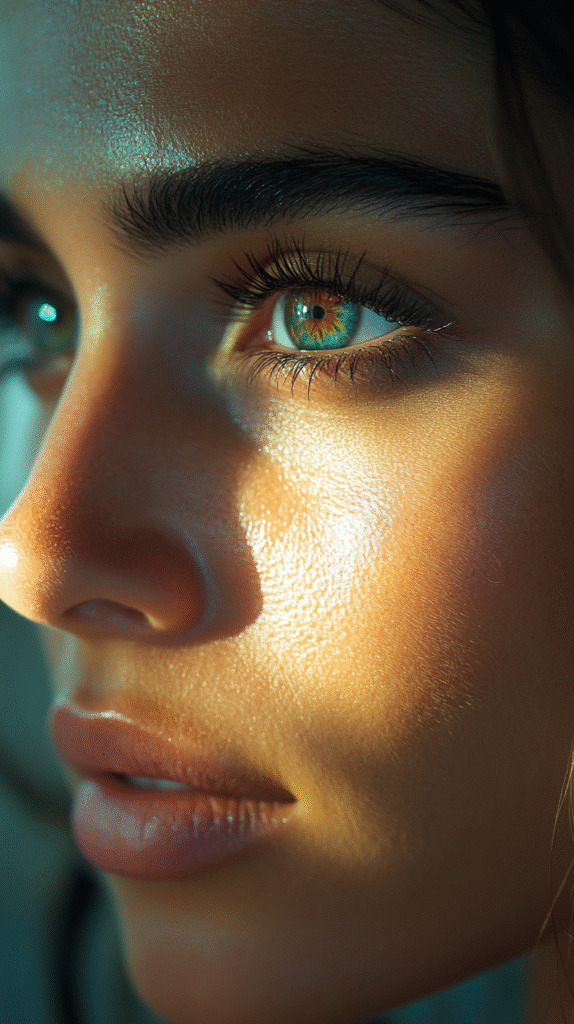 A beautiful mixed woman with lashes extensions and color eyes looking into the camera