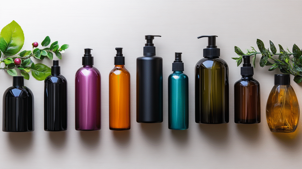 Arranged bottles of heat protectants for fine hair.