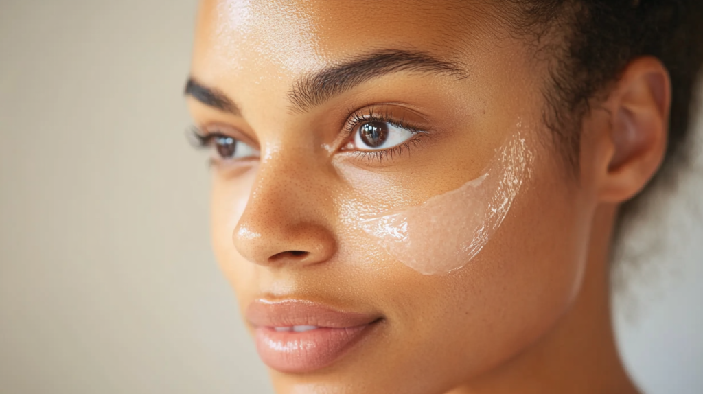 Mixed-Race woman putting on serum on her face.