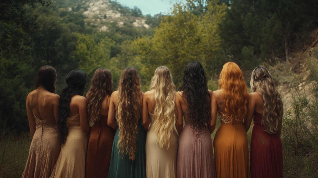 8 women with different dresses, looking into nature, all with long hair to their middle of their back, with different types of natural colors and lengths, all types of ethnicities, shot from behind them, shot with arri alexa mini lf
