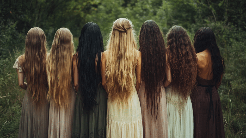 Seven women with different dresses, looking into nature, all with long hair to their middle of their back, with different types of natural colors and lengths, all types of ethnicities, shot from behind them, shot with arri alexa mini lf