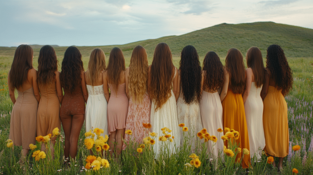 12 women with different dresses, looking into nature, all with long hair to their middle of their back, with different types of natural colors and lengths, all types of ethnicities, shot from behind them, shot with arri alexa mini lf