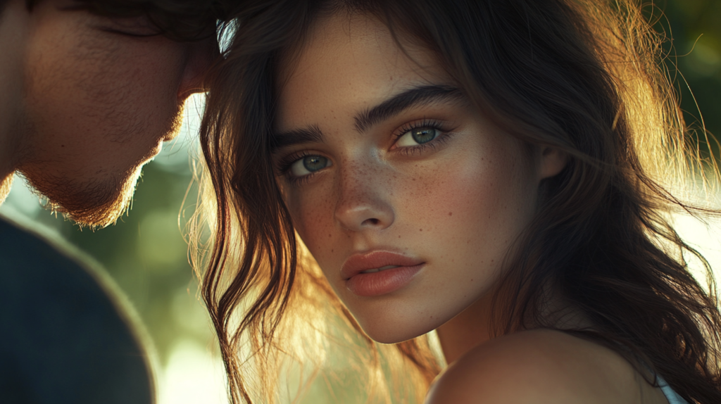 Makeup and Dating: a beautiful young woman without makeup, looking deep with attraction to a handsome man. Magazine cover shot in Arri Alexa Mini LF, cinematic